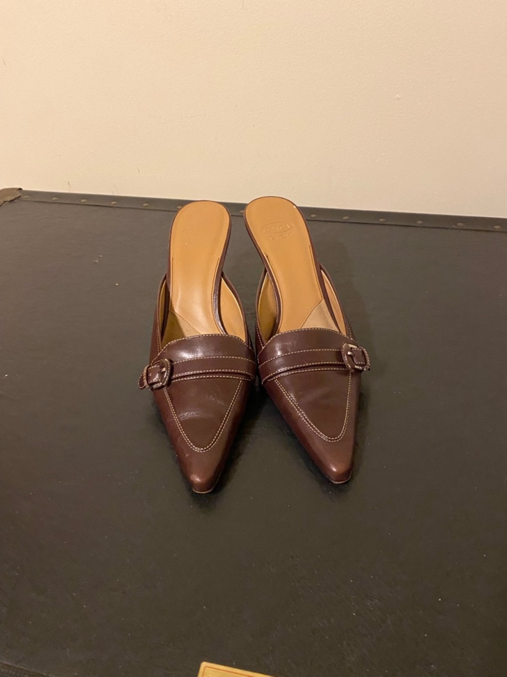 Joan & David Brown Pointed-Toe Buckle Mules Slip-on 3” Heels - Picture 3 of 8
